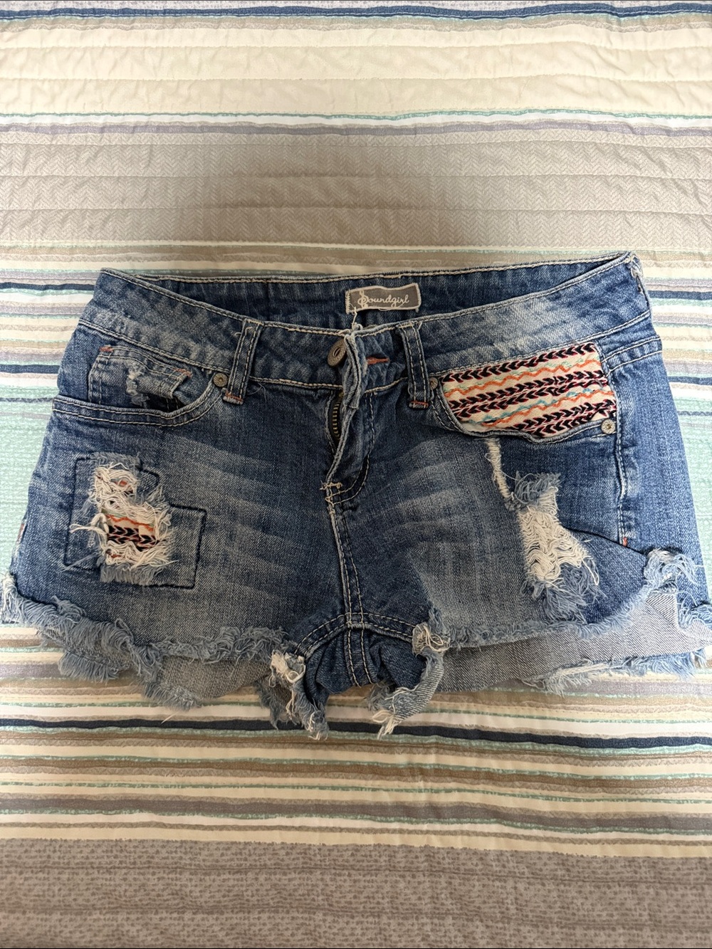 Soundgirl Distressed Blue Denim Jean Shorts with Embroidered Accent